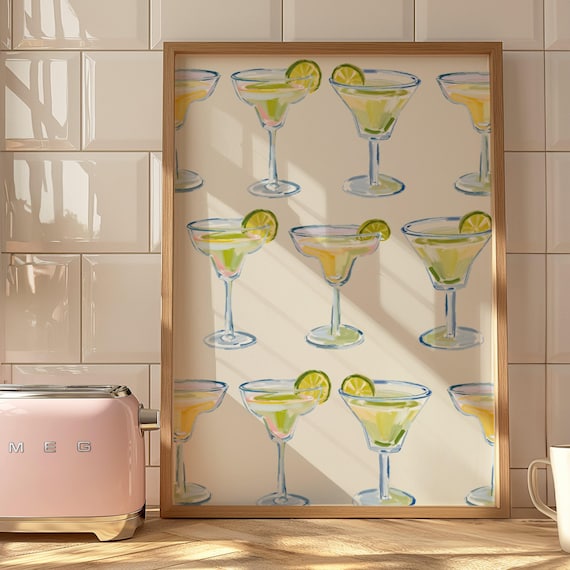 Margarita Glasses Watercolor Cocktail Pattern Bar Cart Art Poster