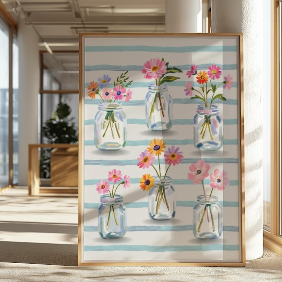 Colorful Wildflowers In Mason Jars Striped Cottagecore Poster