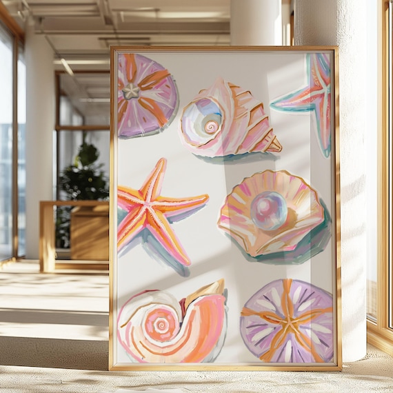 Pastel Shell Painting Starfish Scallop Coastal Beach House Wall Art
