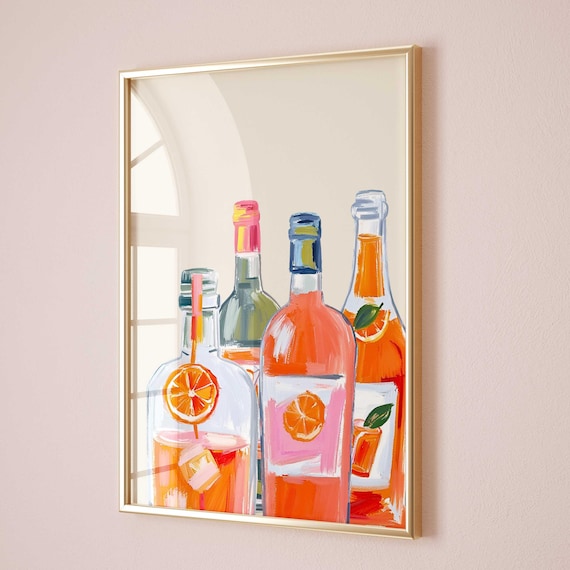 Orange Aperol Spritz Bottles Watercolor Sunny Bar Cart Poster