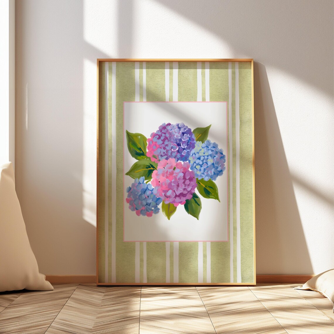 Pink And Blue Hydrangea Watercolor Floral Stripe Framed Art Poster