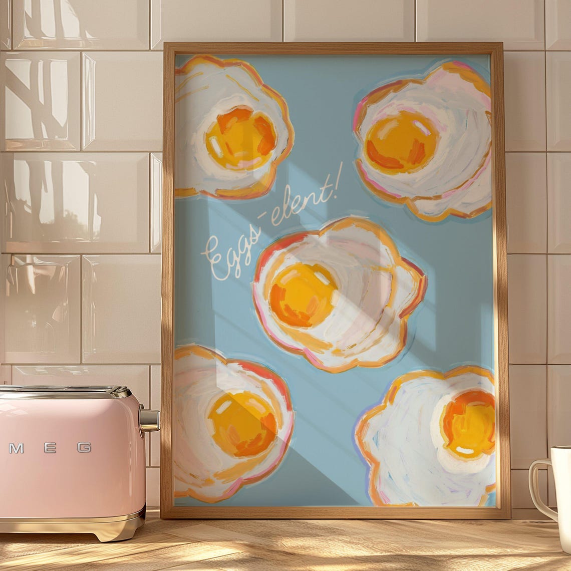 Eggs-elent Funny Fried Egg Poster Playful Blue Kitchen Pun Decor