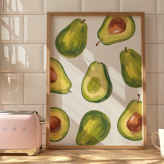Vintage Avocado Watercolor Kitchen Fruit Botanical Wall Art Gift