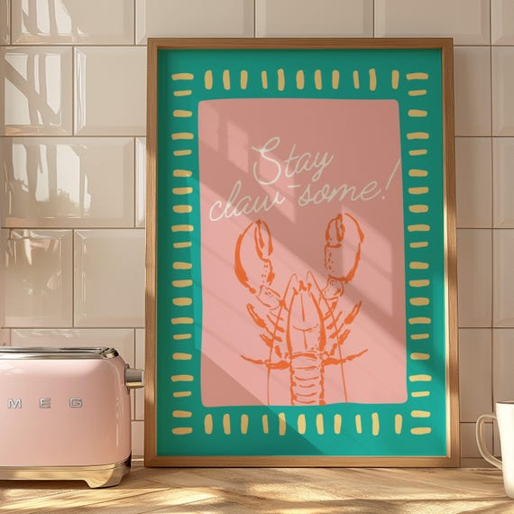 Coastal Lobster Art Print, Abstract Beach House Decor