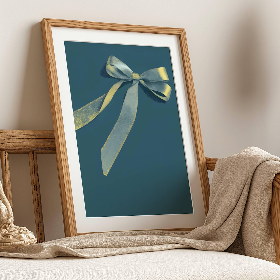 Gold Ribbon Bow on Teal Coquette Wall Art Elegant Gift Bow Room Decor