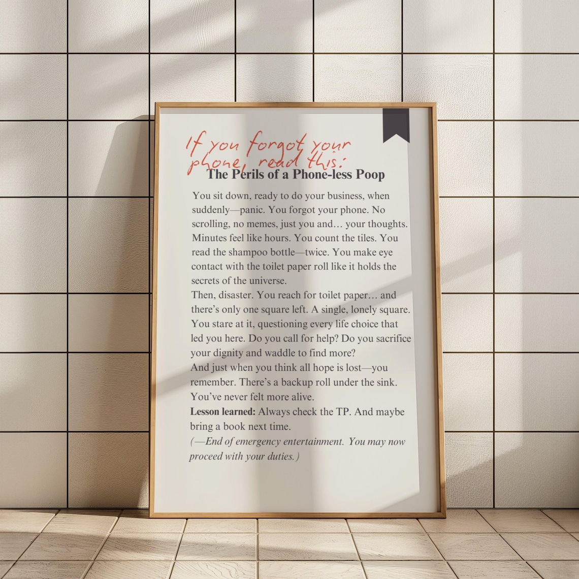 The Perils of a Phone Less Poop Funny Bathroom Poem Text Poster