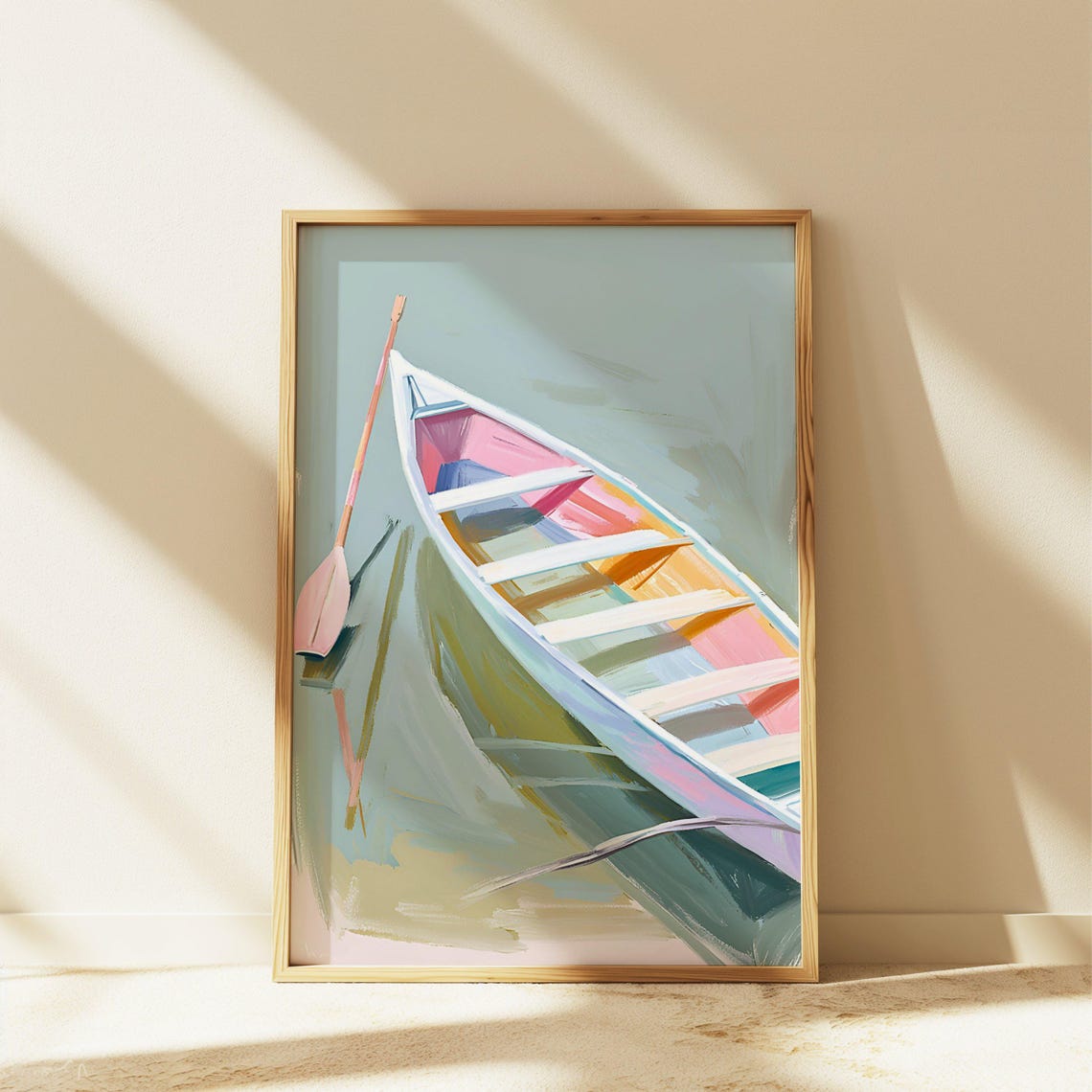 Pastel Rowboat With Oars Calm Water Abstract Coastal Wall Art