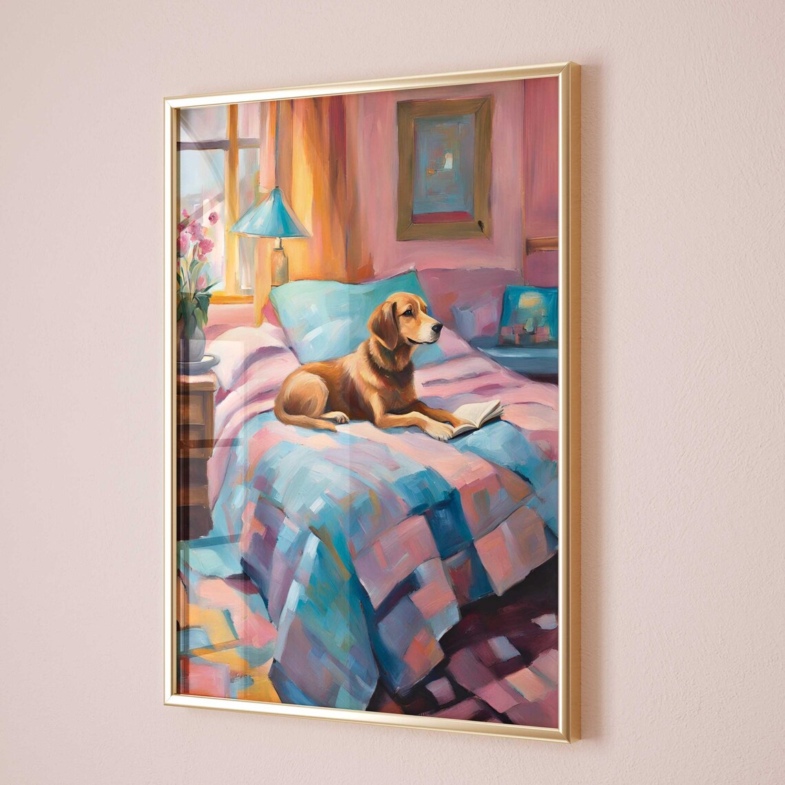 Dog Reading Book Watercolor Poster