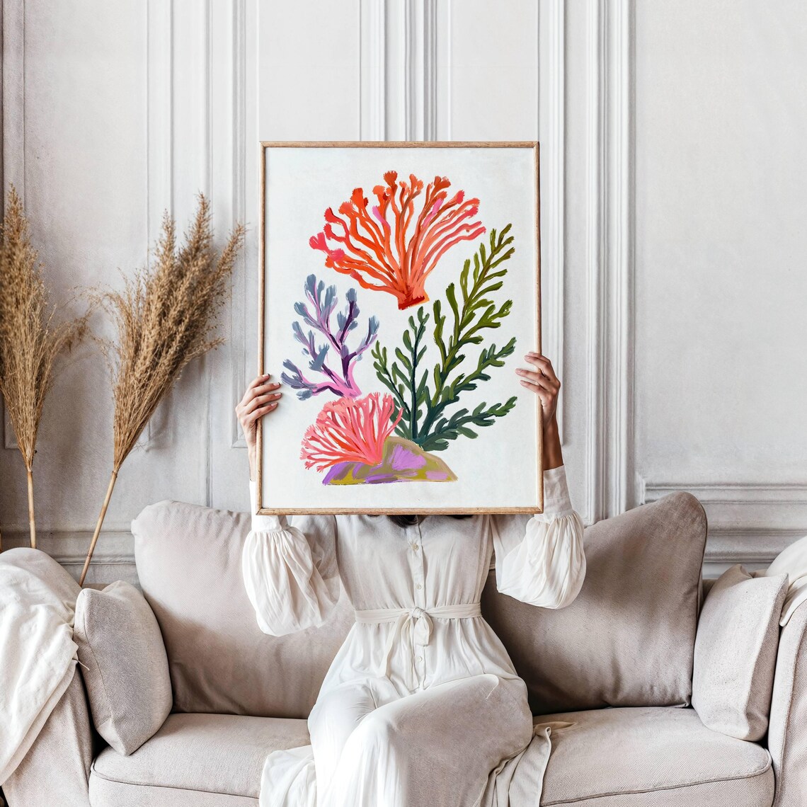 Coral Print Oyster Shell Painting, Coastal Art Print
