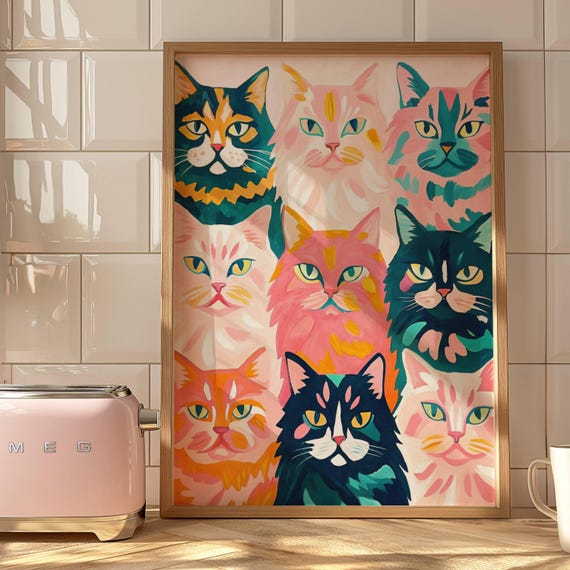 Nine Cats Watercolor Pastel Art Print