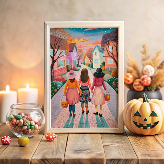 Pastel Halloween Print Trick Or Treat Girls Illustration