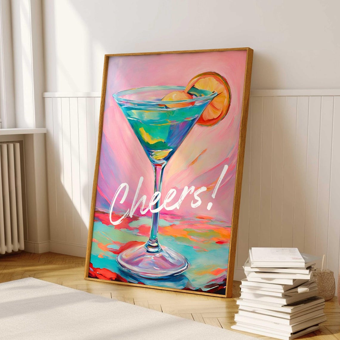 Cheers Cocktail Martini Glass Pink Watercolor Bar Cart Poster