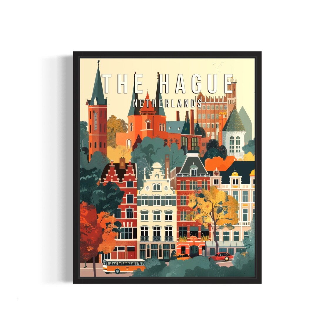 The Hague Netherlands Historic Cityscape Trams Vintage Travel Poster
