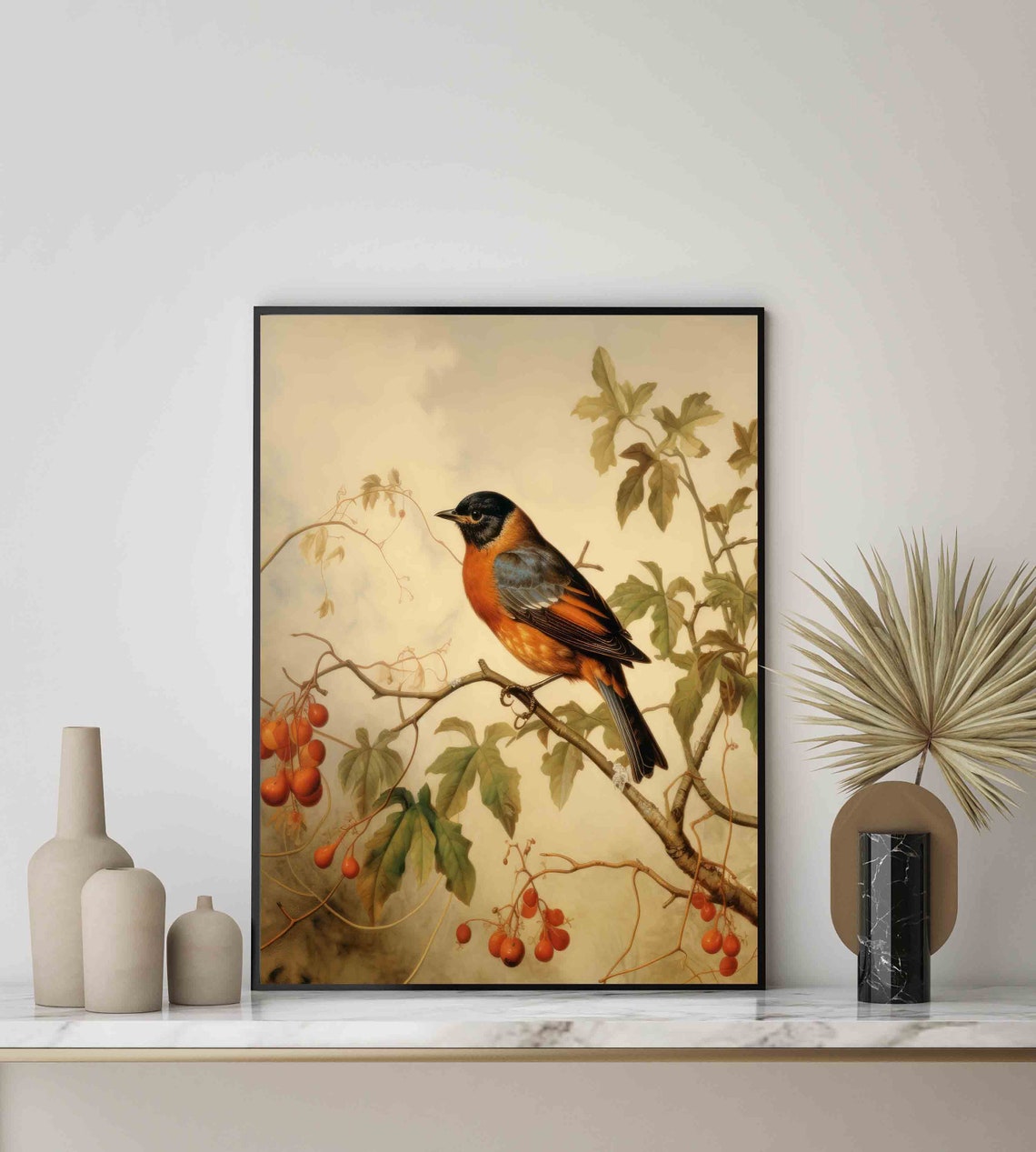 Robin Perched on Berry Branch Vintage Style Bird Painting Poster - Image 2