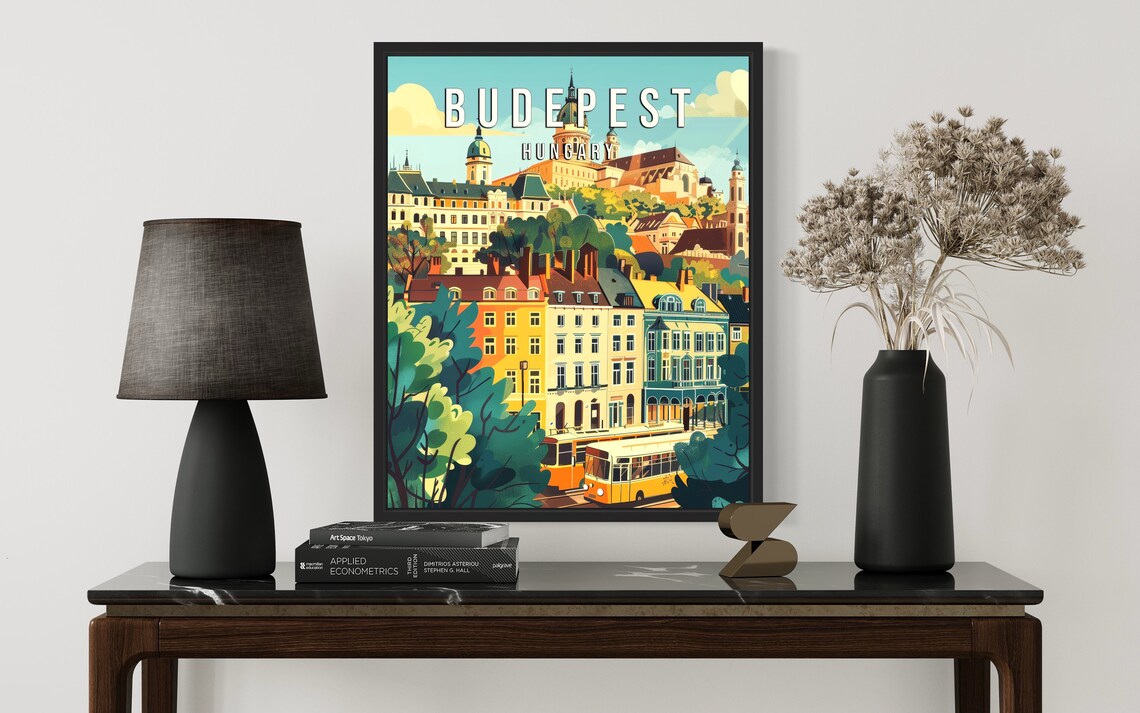Budepest Hungary Vintage Yellow Tram Old Town Street Travel Poster - Image 2