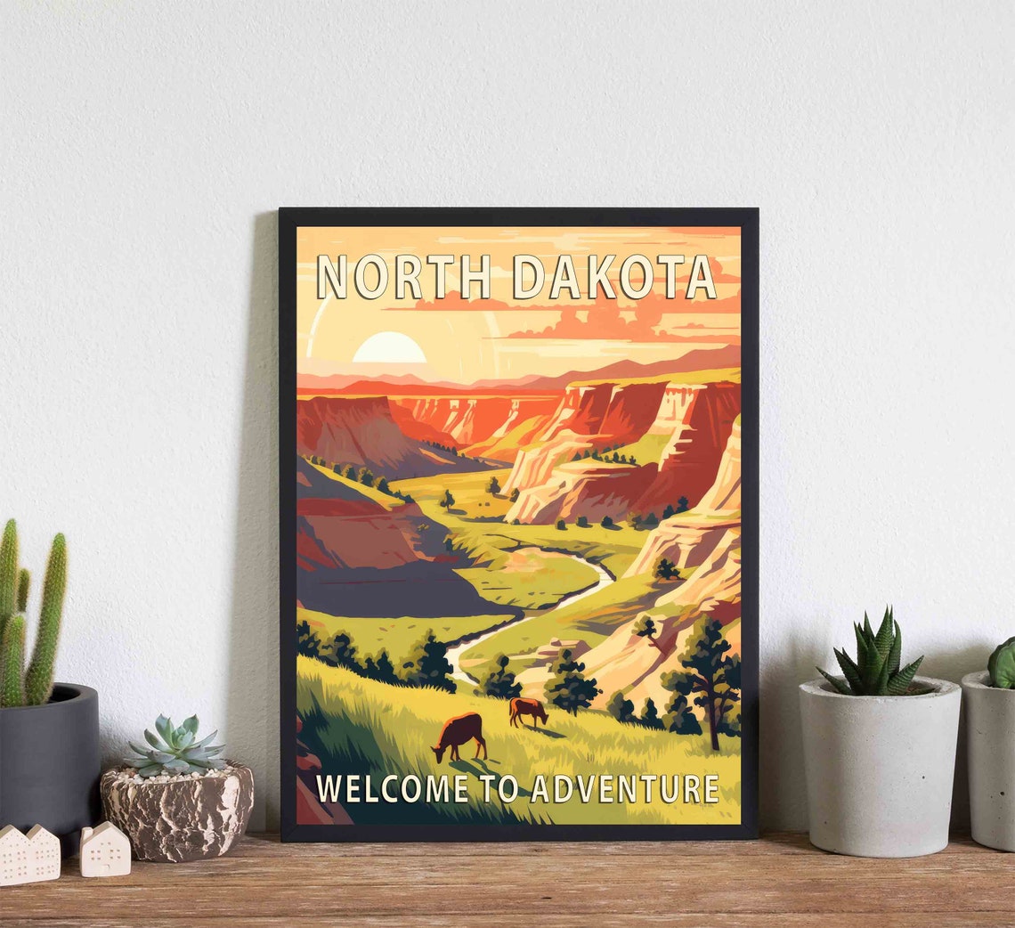 North Dakota Badlands Bison Prairie Valley Adventure Travel Poster - Image 2