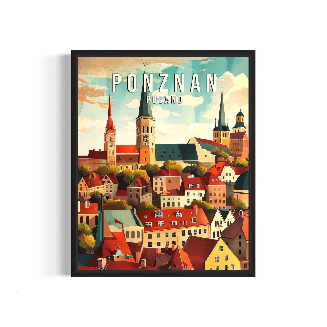 Poznan Poland Old Town Medieval Church Towers Retro Travel Poster