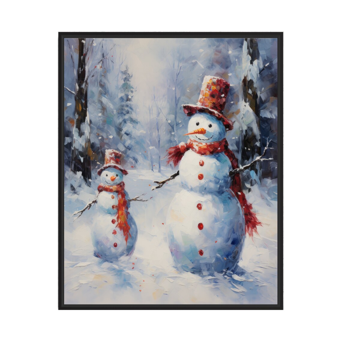 Two Cheerful Snowmen in Snowy Winter Forest Painting Christmas Poster