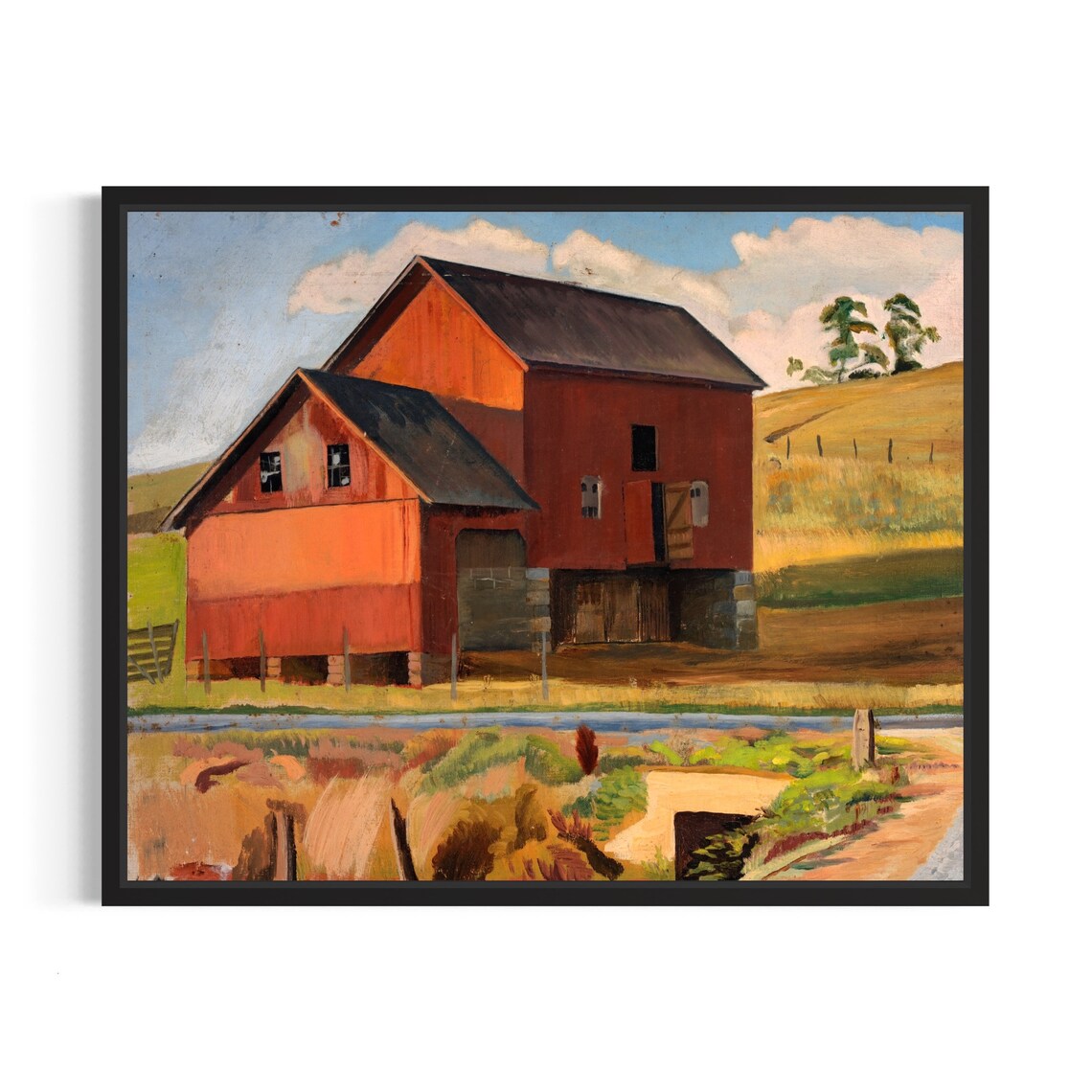 Red Barn Beneath Golden Hills Summer Farm Landscape Painting Poster