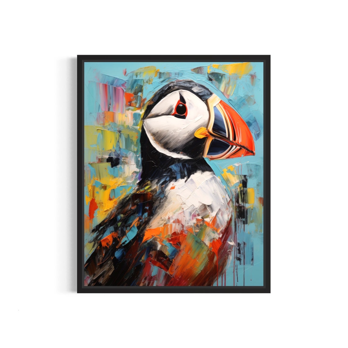 Colorful Atlantic Puffin Orange Beak Abstract Oil Painting Poster