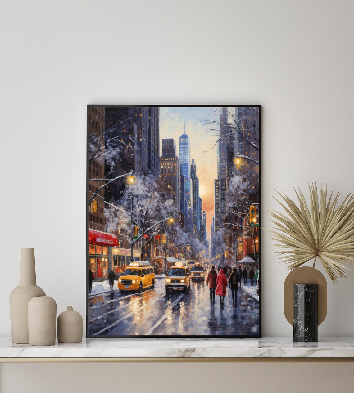 Snowy New York City Street Scene Yellow Taxis Winter Evening Poster - Image 2