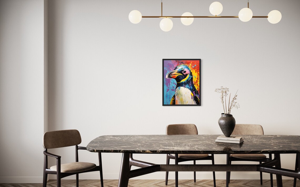 King Penguin Profile Rainbow Paint Splash Abstract Painting Poster - Image 2