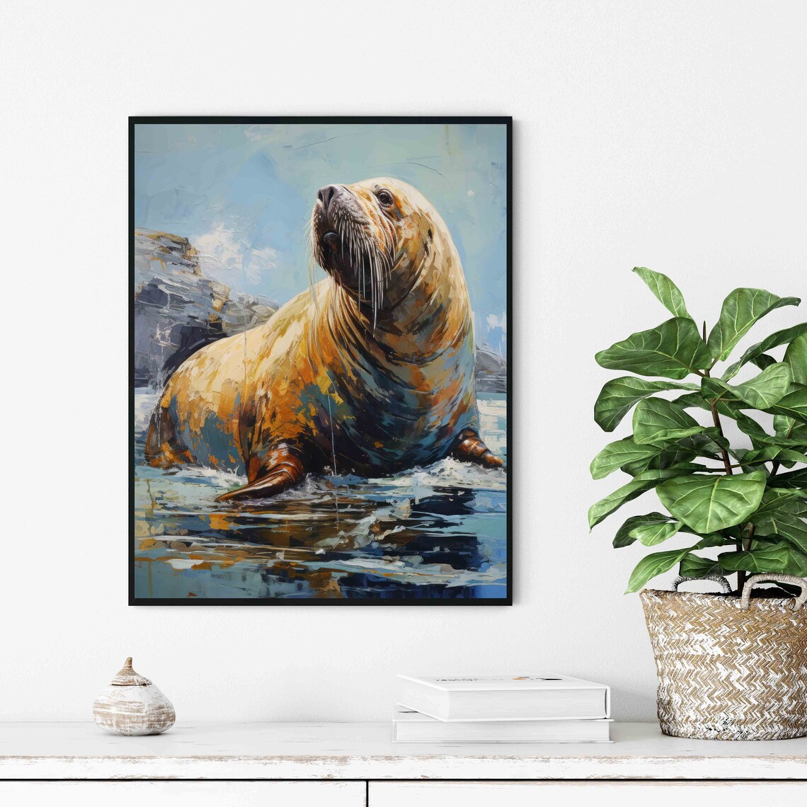 Walrus Wildlife Portrait Painterly Ocean Animal Scene Wall Art - Image 3
