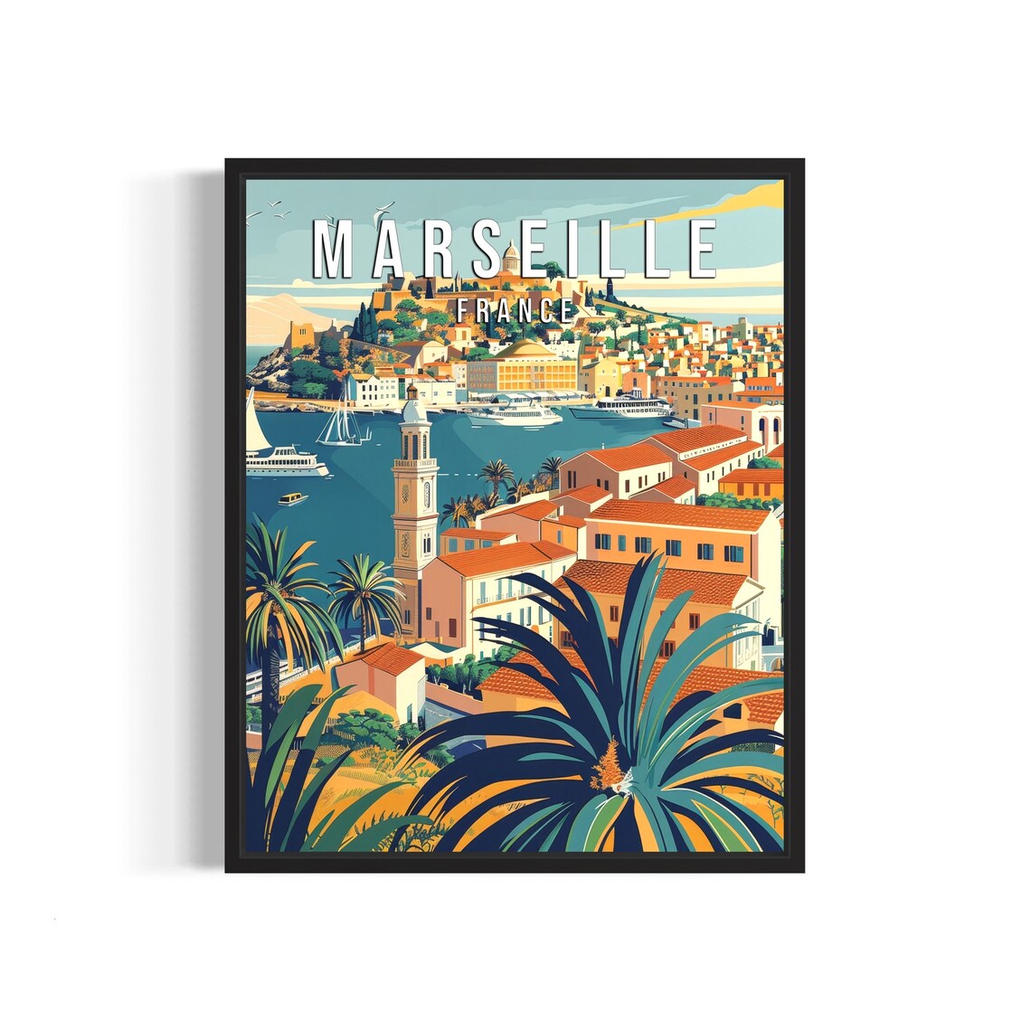 Marseille France Hilltop Basilica Old Port and Palms Vintage Poster