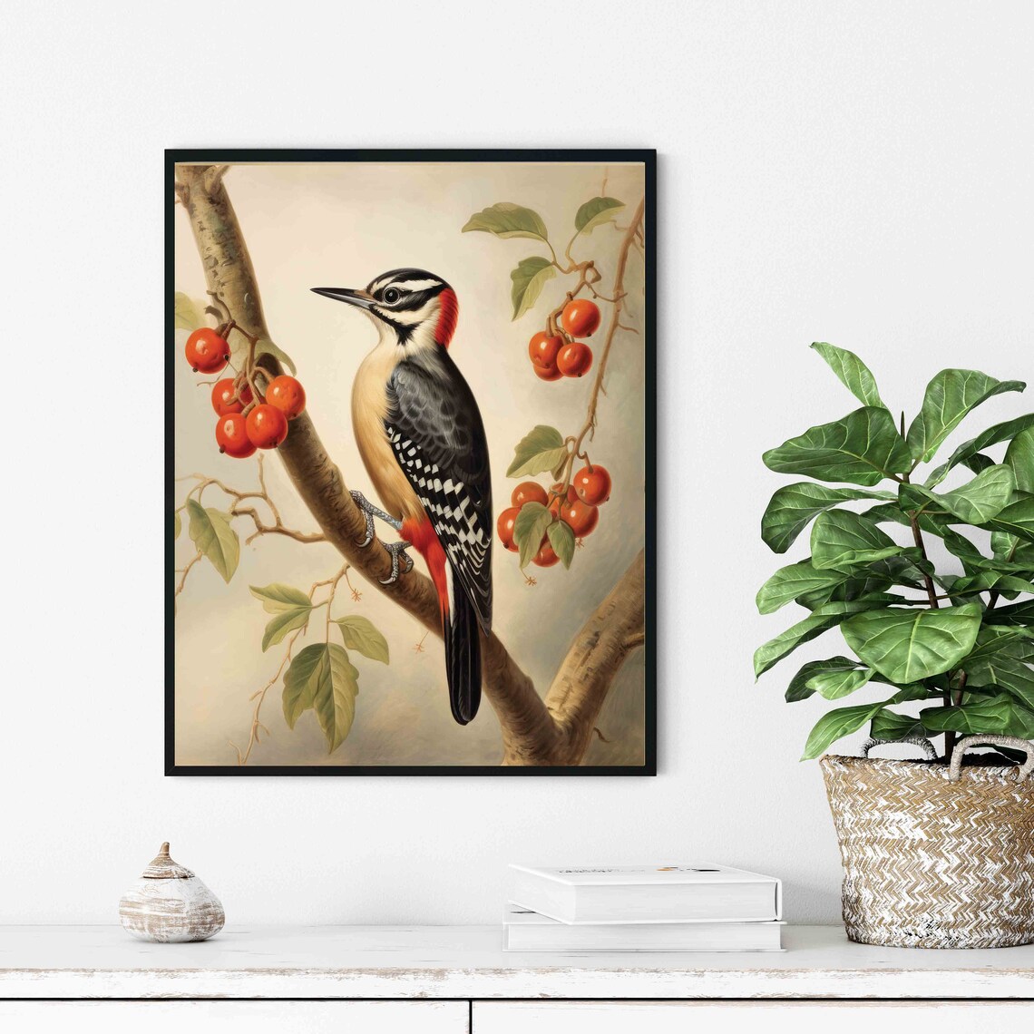 Spotted Woodpecker With Red Berries Vintage Style Bird Painting Poster - Image 3