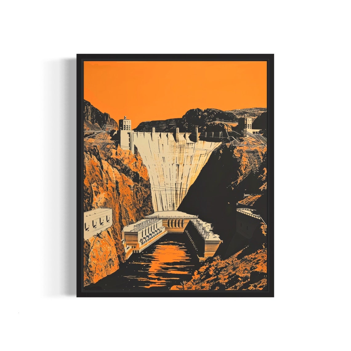Hoover Dam Poster in Bold Orange Graphic Style Over the Canyon