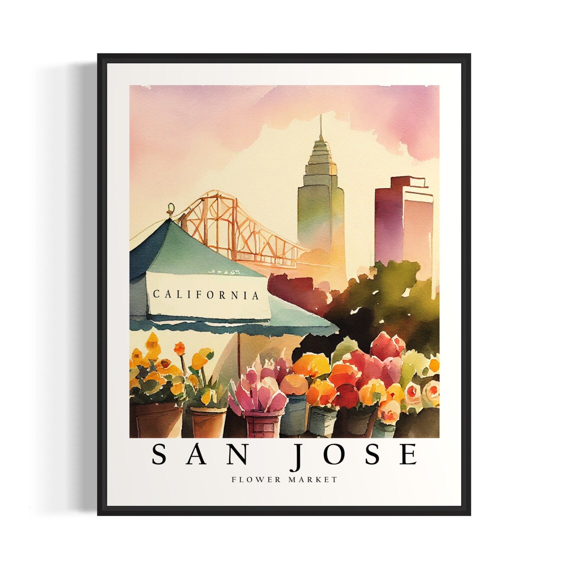 San Jose Flower Market Watercolor Skyline Botanical Art Poster