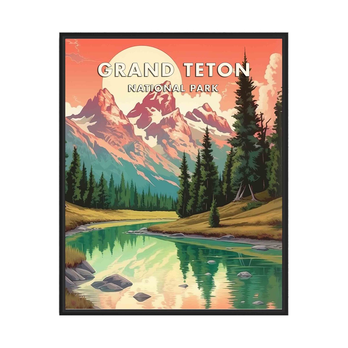 Grand Teton National Park Sunset Over Peaks and Lake Vintage Poster