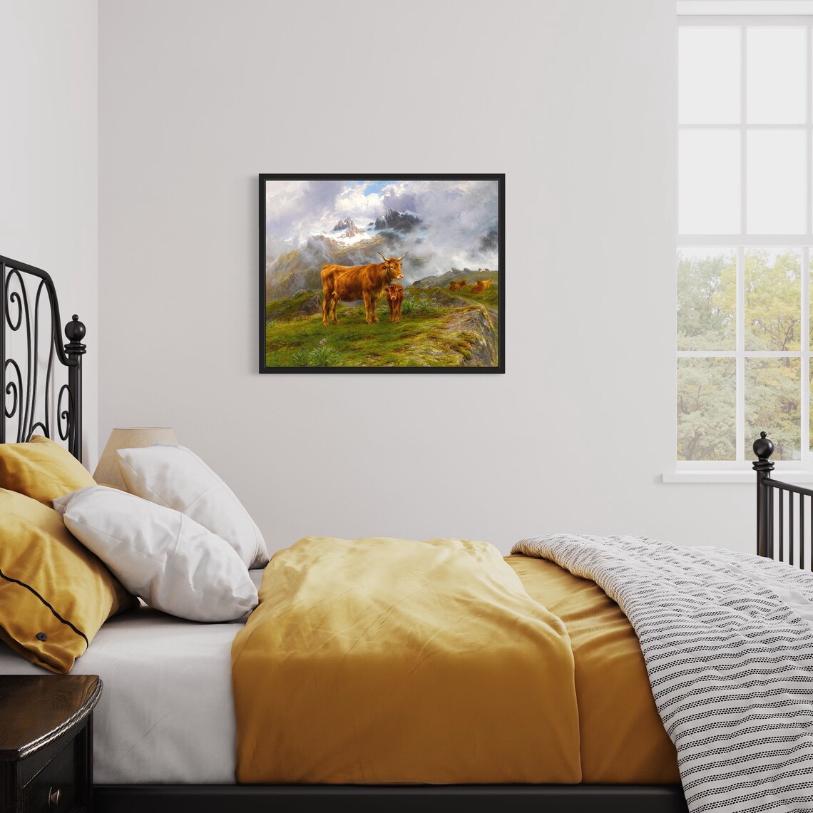 Cow And Calf In Misty Mountain Pasture Vintage Farm Art Poster - Image 3