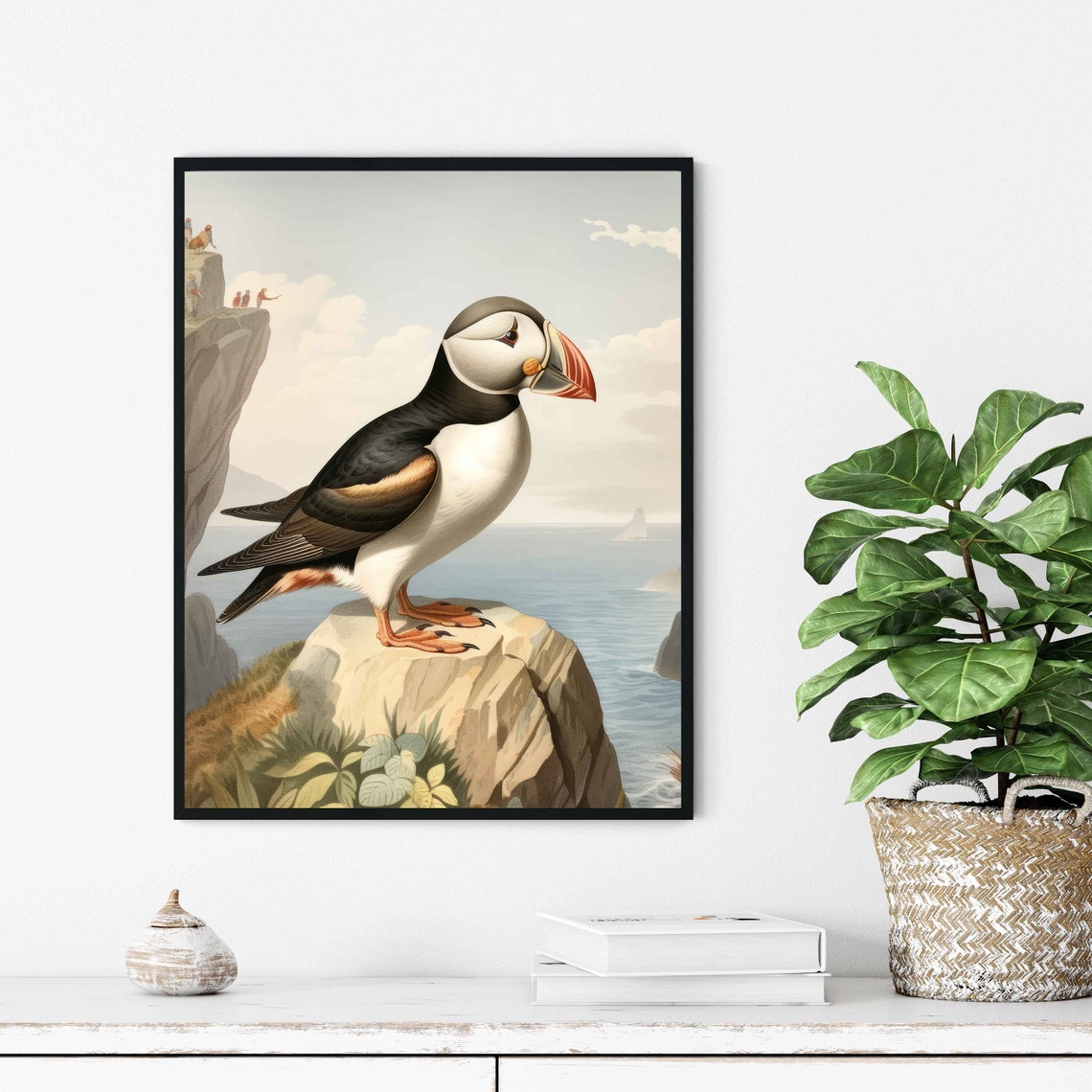 Atlantic Puffin Cliff Perch Vintage Seabird Illustration Poster - Image 2
