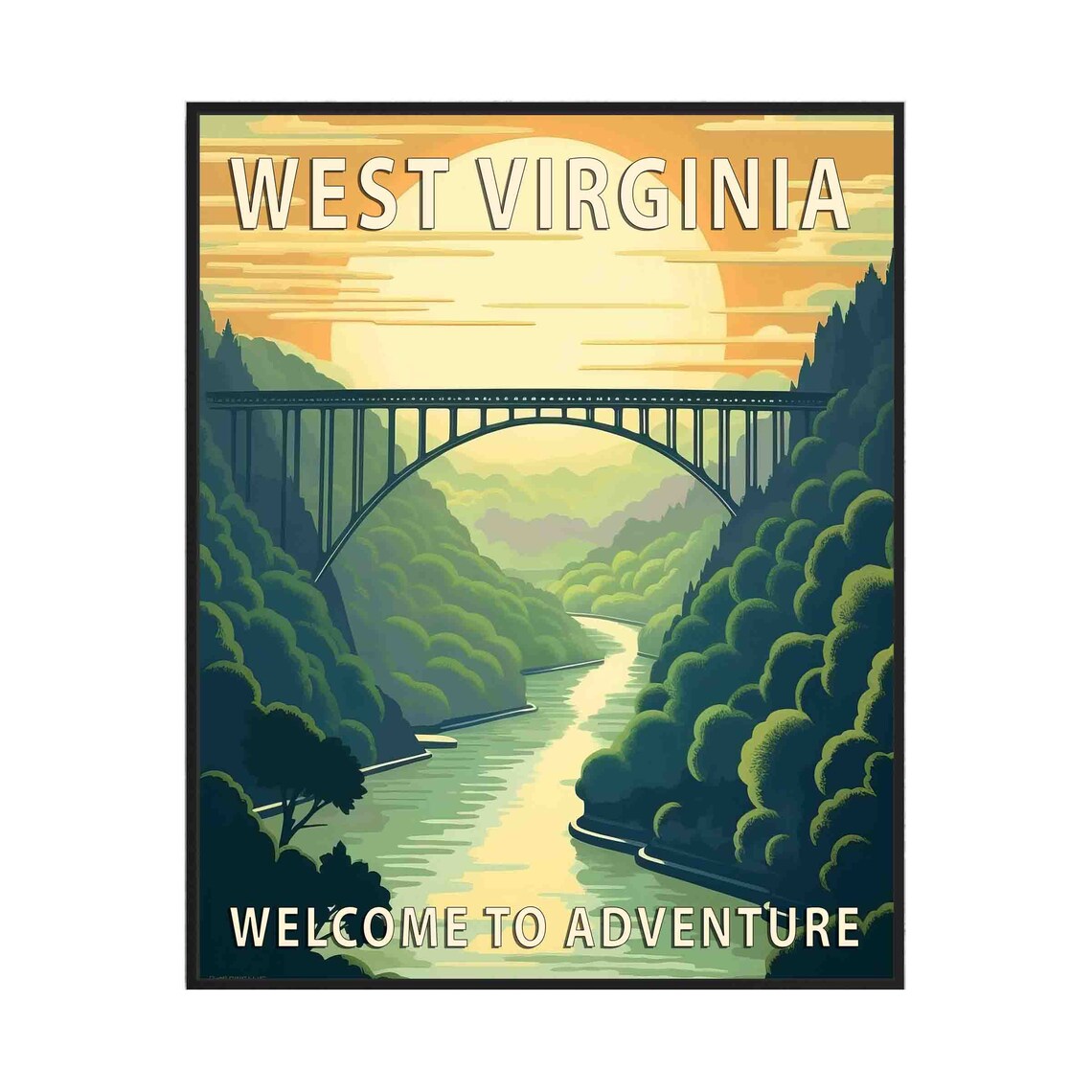 West Virginia Gorge Steel Bridge Sunset Adventure Travel Poster