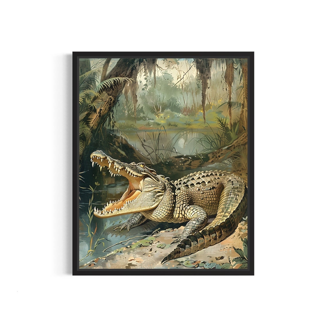 Crocodile Caiman at the Water's Edge Vintage Reptile Art Poster