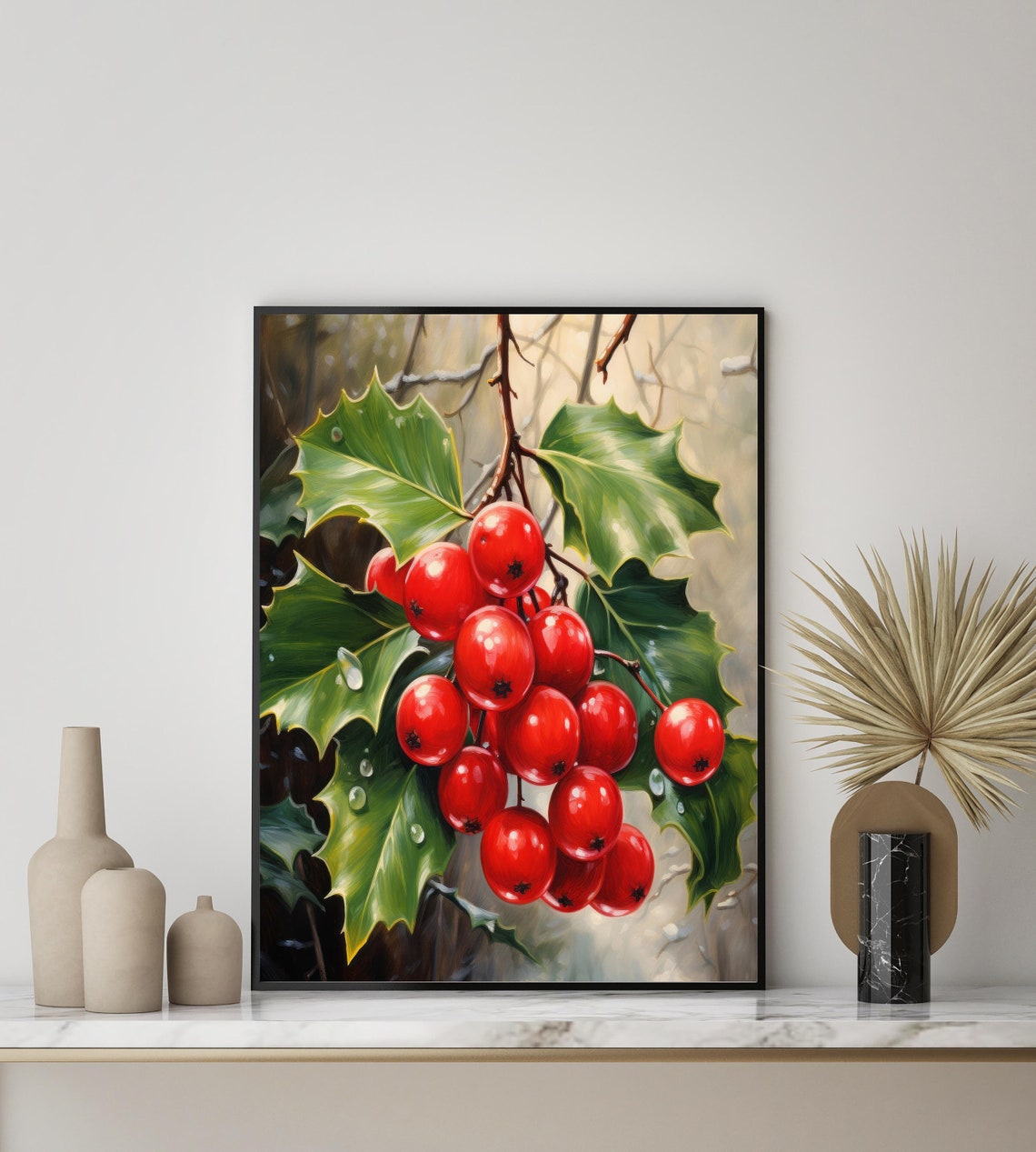 Red Holly Berries Cluster Botanical Winter Branch Painting Poster - Image 3
