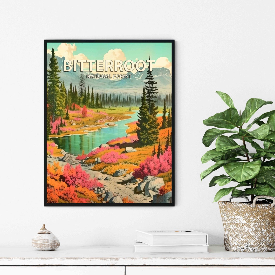 Bitterroot National Forest Retro Wilderness Lake Wildflowers Poster - Image 2