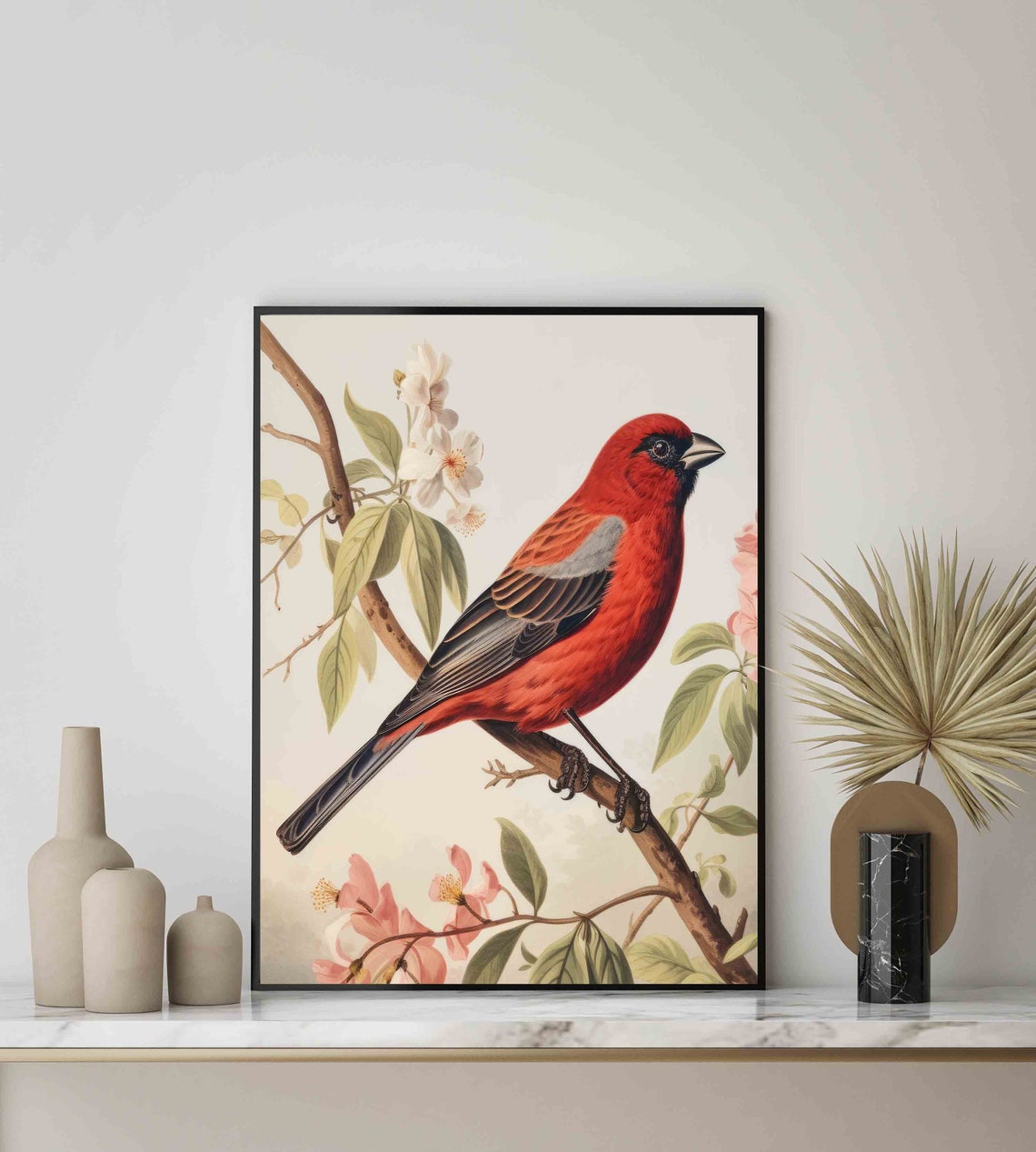 Vivid Crimson Finch Perched on a Flowering Branch Vintage Bird Poster - Image 2