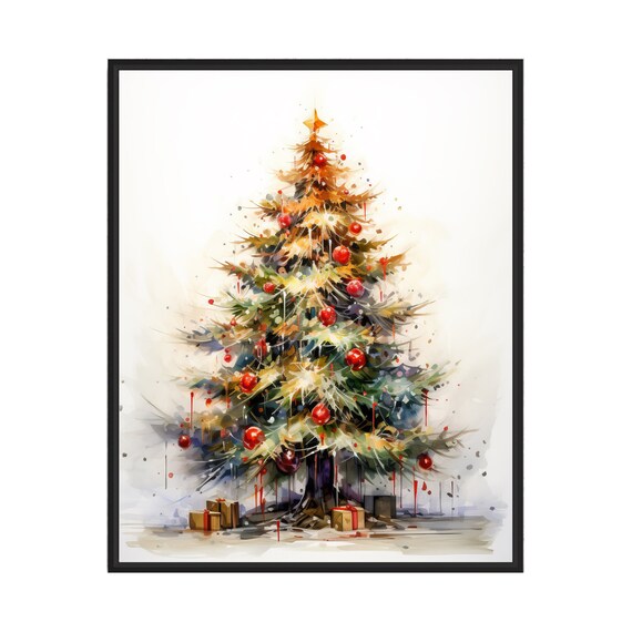 Watercolor Christmas Tree With Red Ornaments Holiday Art Print