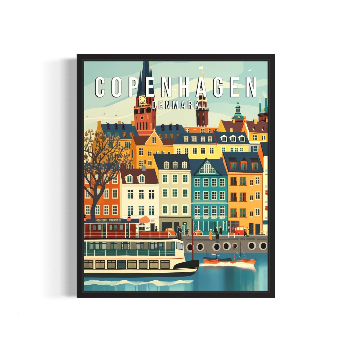 Copenhagen Denmark Nyhavn Colorful Harbor Houses Retro Travel Poster