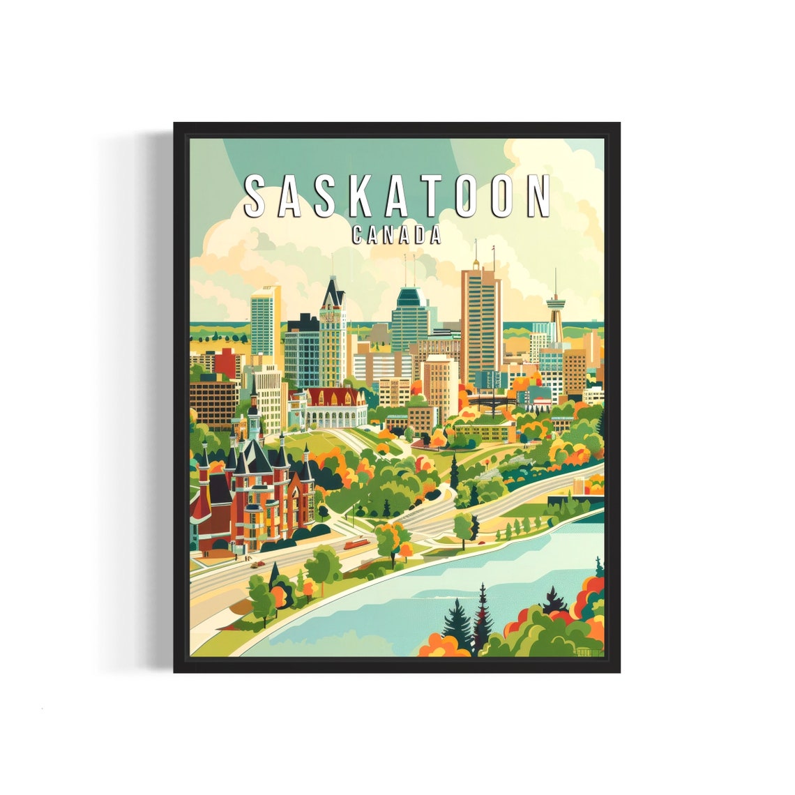 Saskatoon Canada Riverfront Skyline Vintage Style Travel Poster