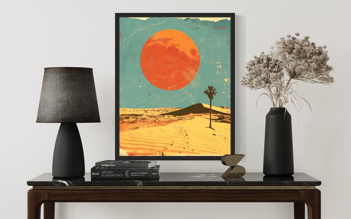 Sahara Desert Giant Red Sun Lone Palm Minimalist Travel Poster - Image 3