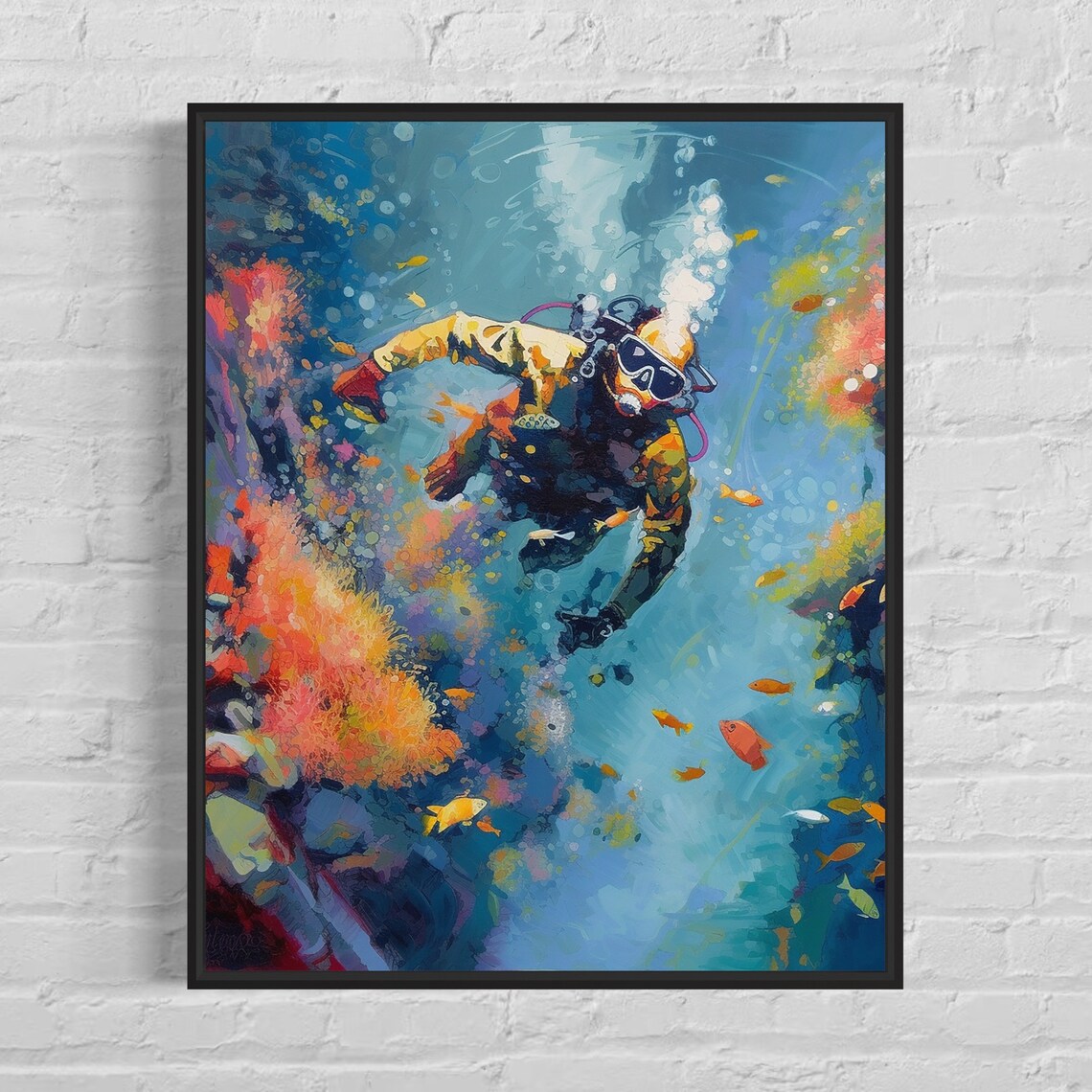 Scuba Diver Coral Reef Abstract Painting Poster Ocean Diving Sea Art
