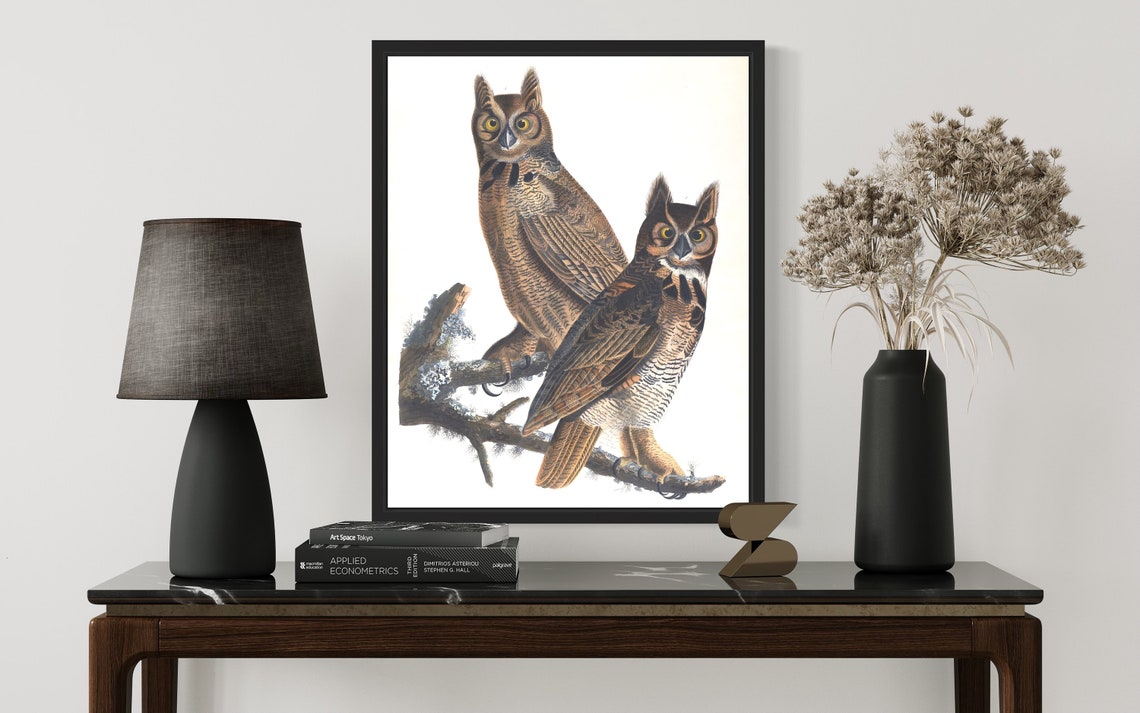 Majestic Great Horned Owl Pair Audubon Style Vintage Bird Print - Image 3
