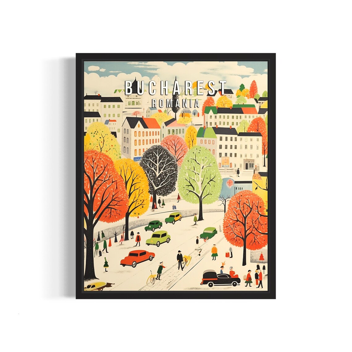 Bucharest Romania Autumn Street Vintage Cars Retro Travel Poster