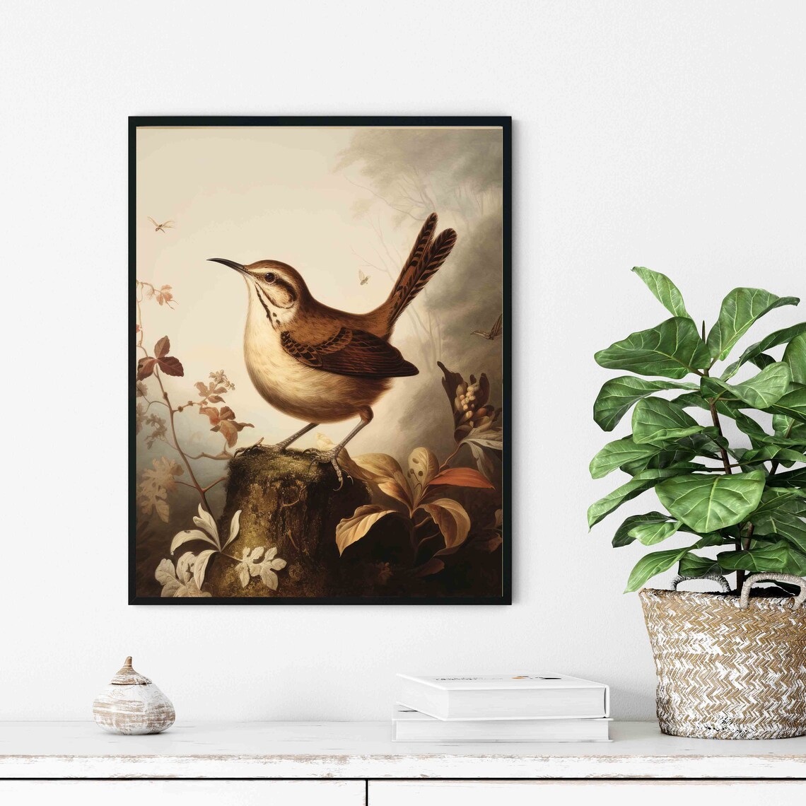 Wren Bird Vintage Naturalist Illustration Mossy Stump Poster - Image 3