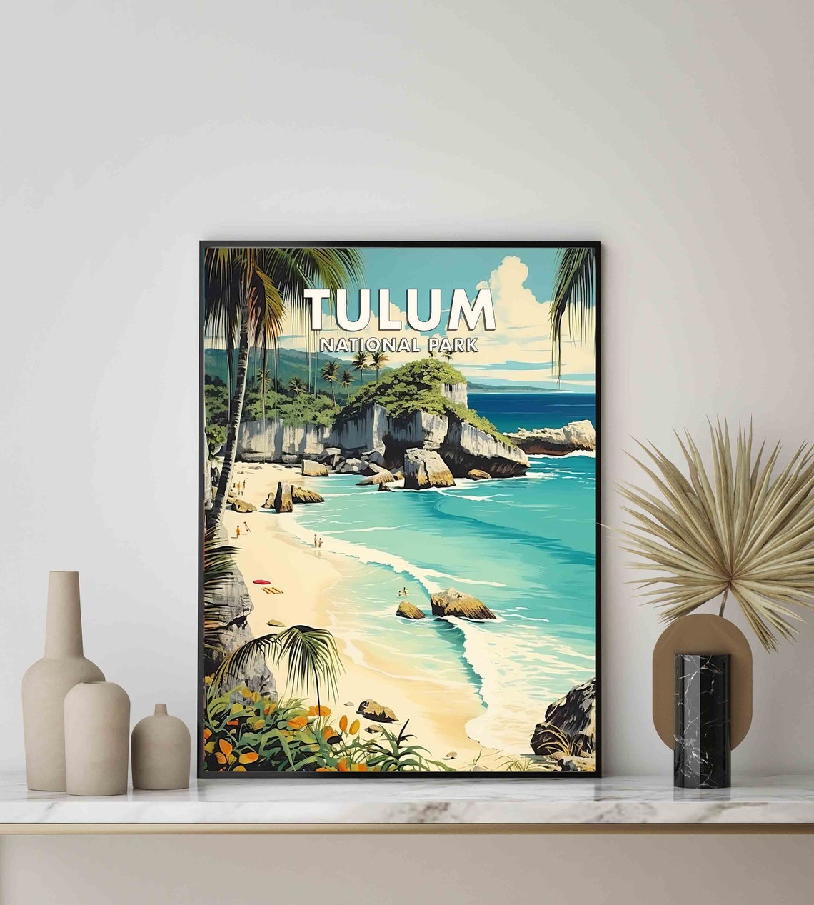 Tulum National Park Turquoise Beach Cliffs Palm Retro Travel Poster - Image 2