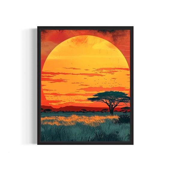 Sunset Over Serengeti Poster Art Print Vintage Retro Landmarks Painting Wall Art Decor