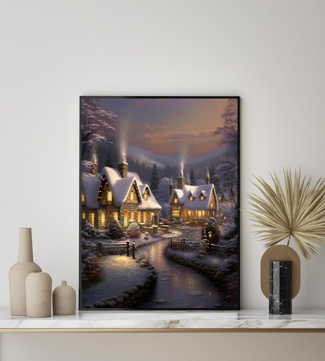 Winter Wonderland Snowy Village Cottages Glowing Christmas Night Poster - Image 2